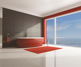 Red and white minimal contemporary bathroom - rendering